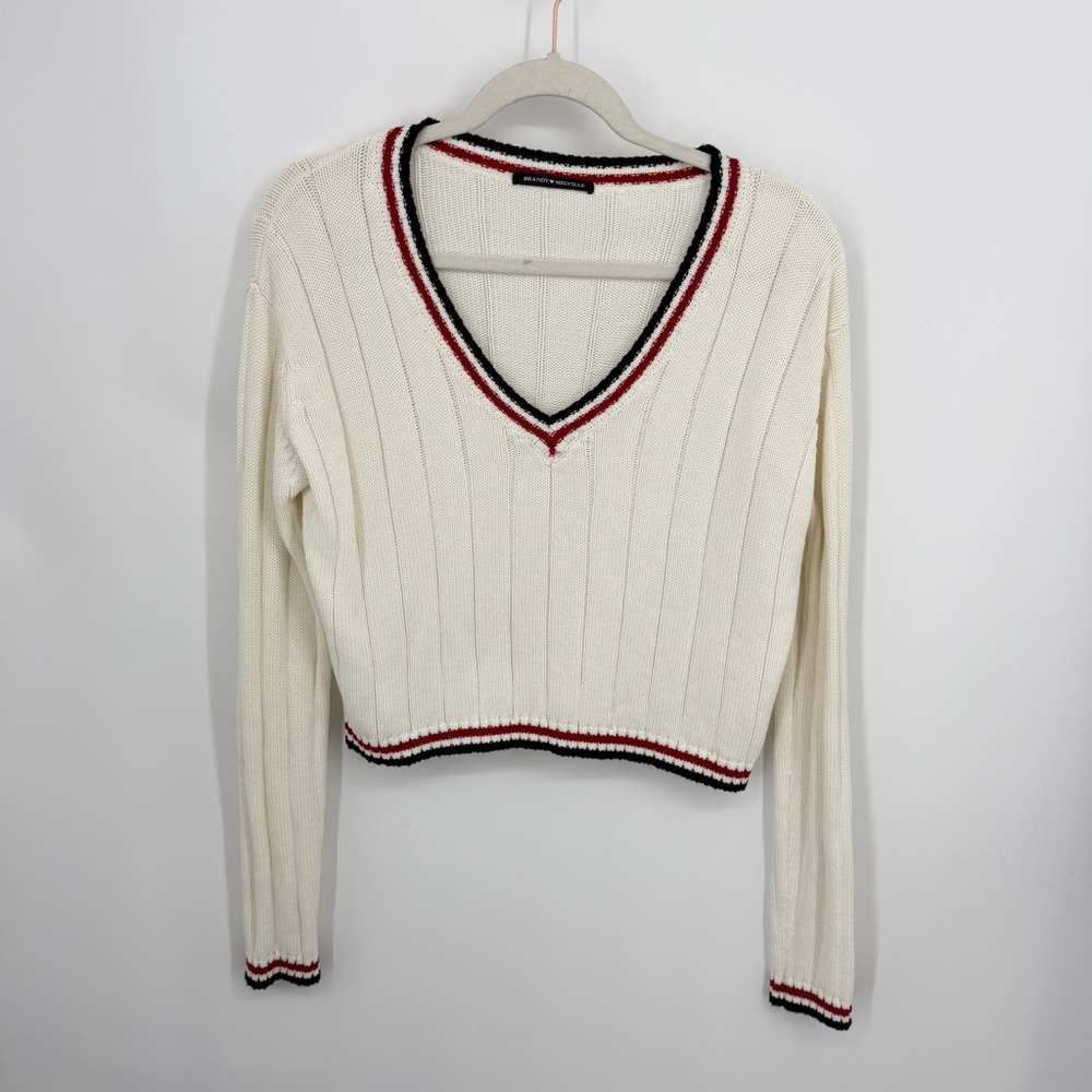 Brandy Melville Nicole white V-neck‎ sweater navy blue red sz XS S preppy